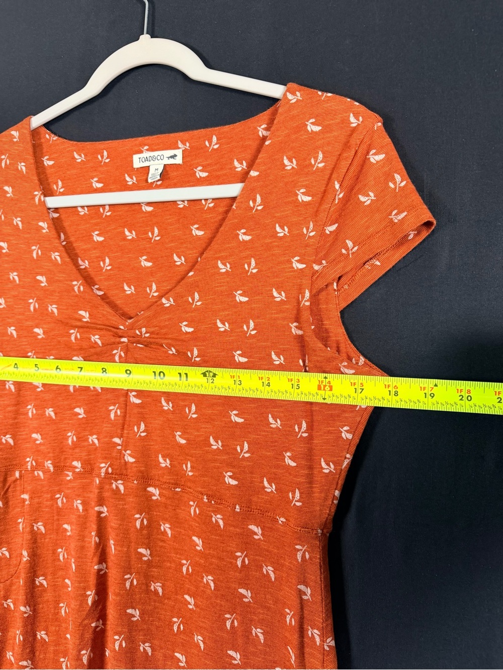 Toad&Co Orange V-Neck Midi Dress with White Leaf Print Tencel Organic cotton - Picture 10 of 12